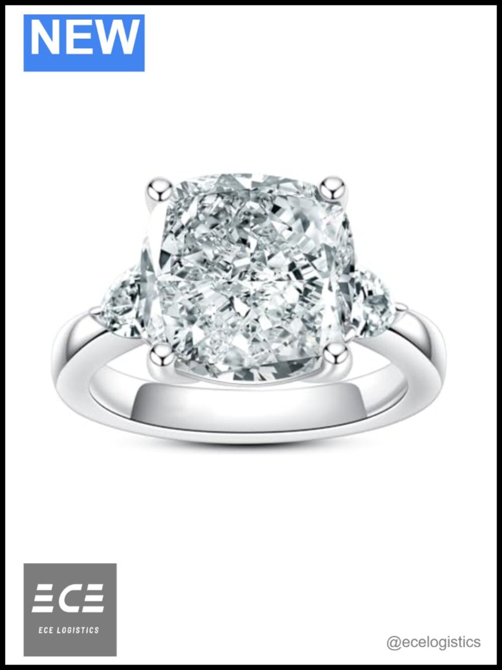 Cubic Zirconia 3 Stone Engagement Ring 14K White Gold Plated Cushion Cut